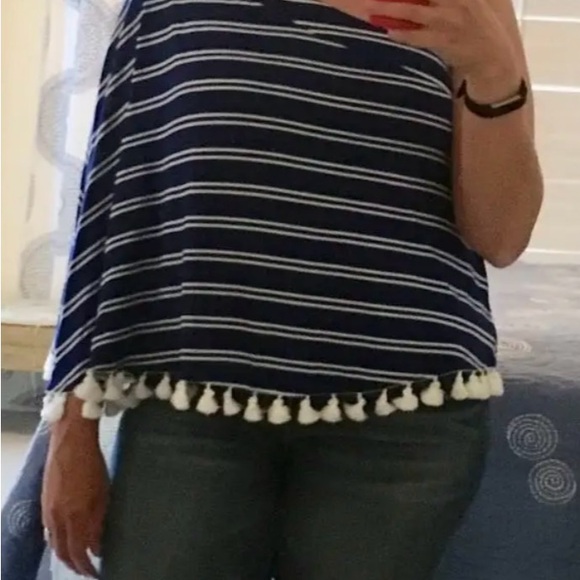 💛 EUC - Trina Turk Pomona Top Women size XL - One shoulder Tassels Blue White - Picture 4 of 10